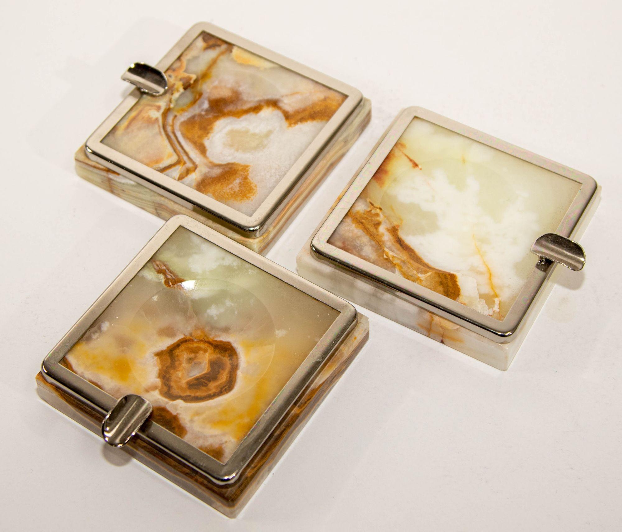 Mid-Century Modern Vintage Onyx Art Deco Ashtrays Set of Three 1960 Made in Italy For Sale