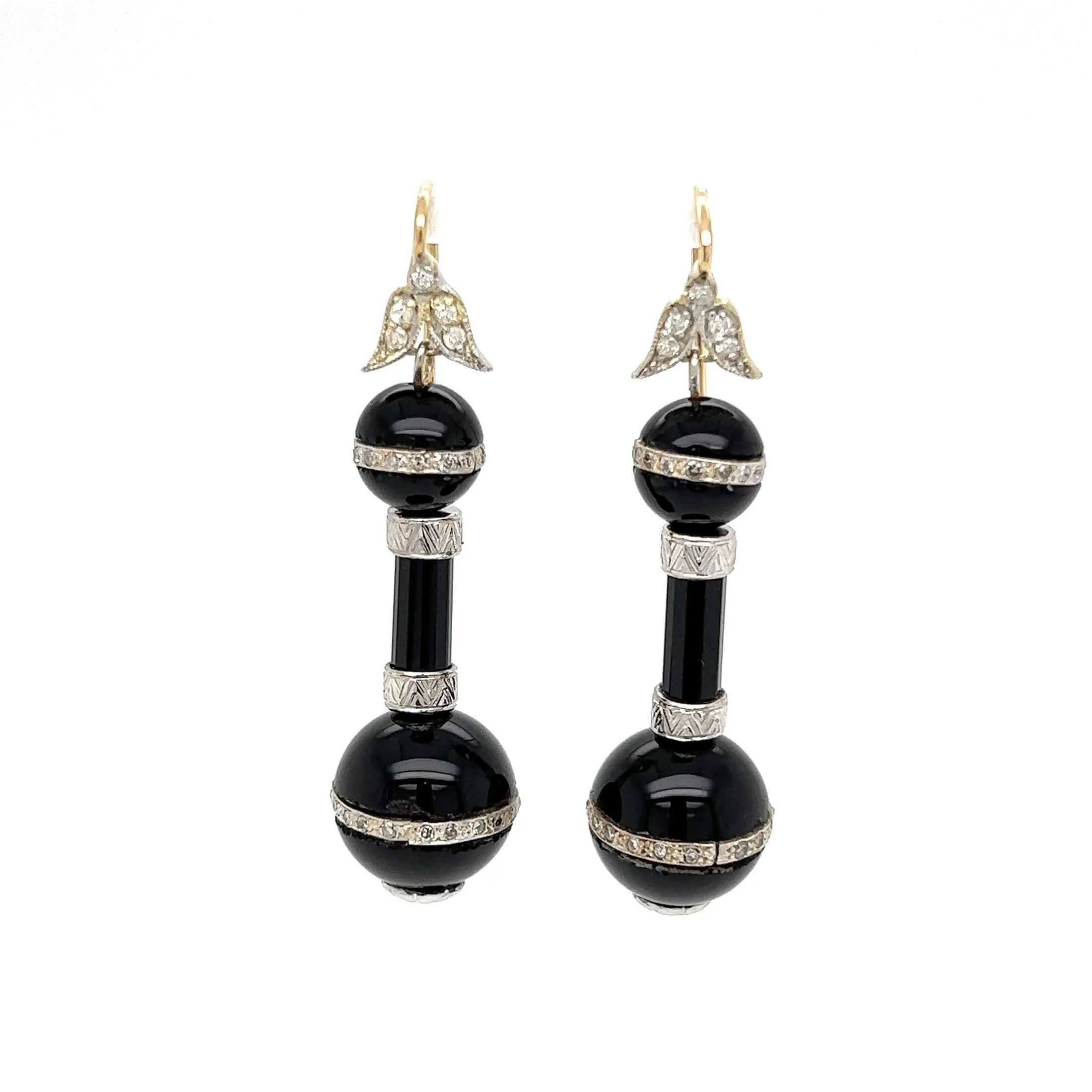 Round Cut Vintage Onyx Ball and Diamond Gold Drop Earrings  For Sale