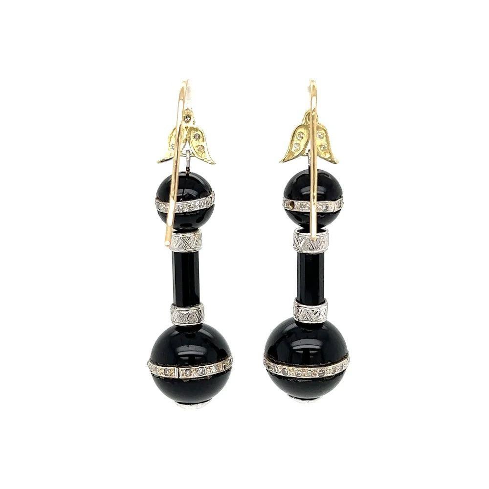 Vintage Onyx Ball and Diamond Gold Drop Earrings  In Excellent Condition For Sale In Montreal, QC