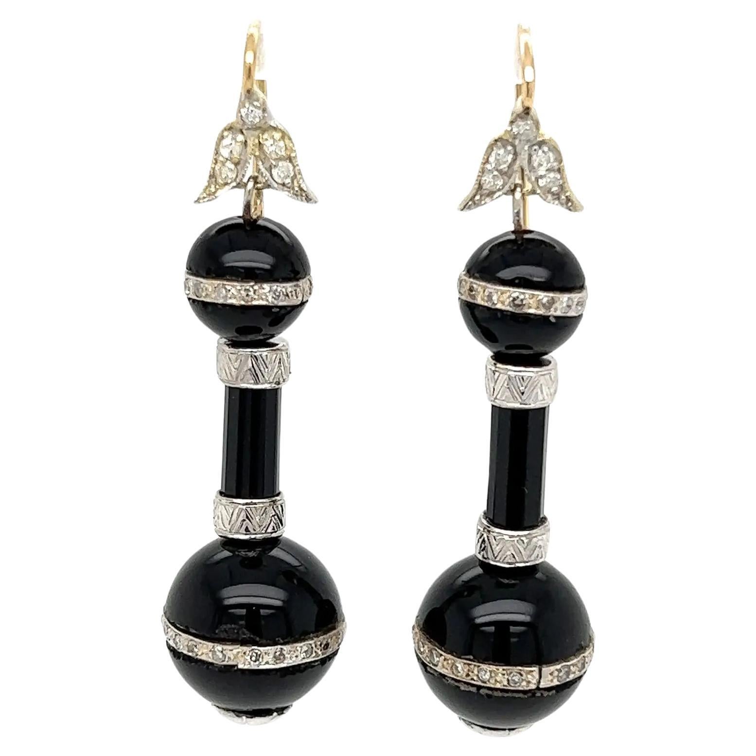 Vintage Onyx Ball and Diamond Gold Drop Earrings  For Sale
