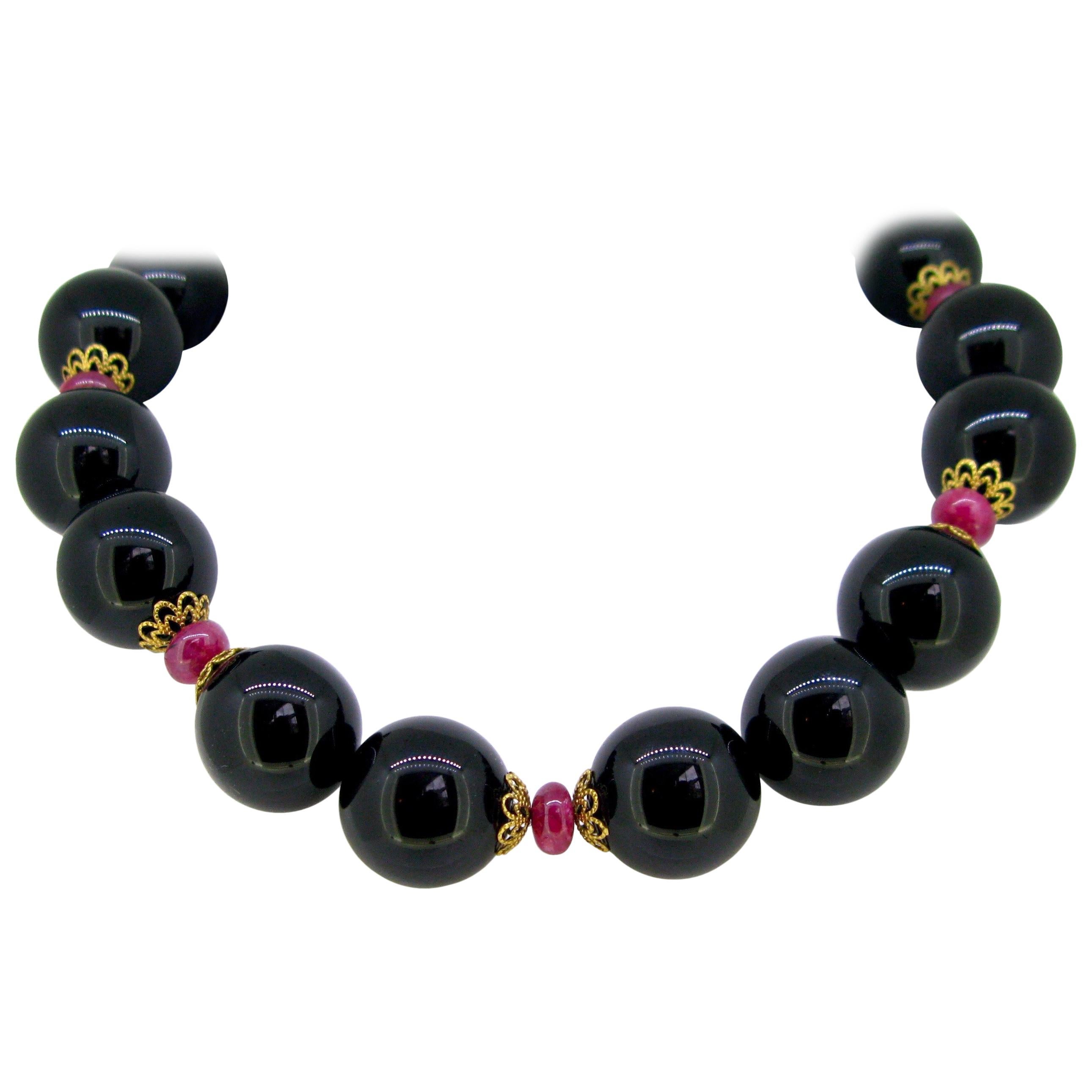 Vintage Onyx Beads and Ruby Necklace at 1stDibs