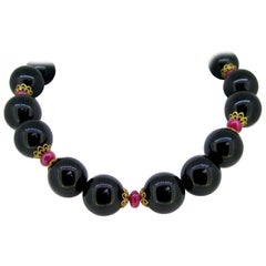 Vintage Onyx Beads and Ruby Necklace