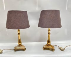 Vintage Onyx Brass & Gilt Table Lamps New Shades Belgium, 1970s