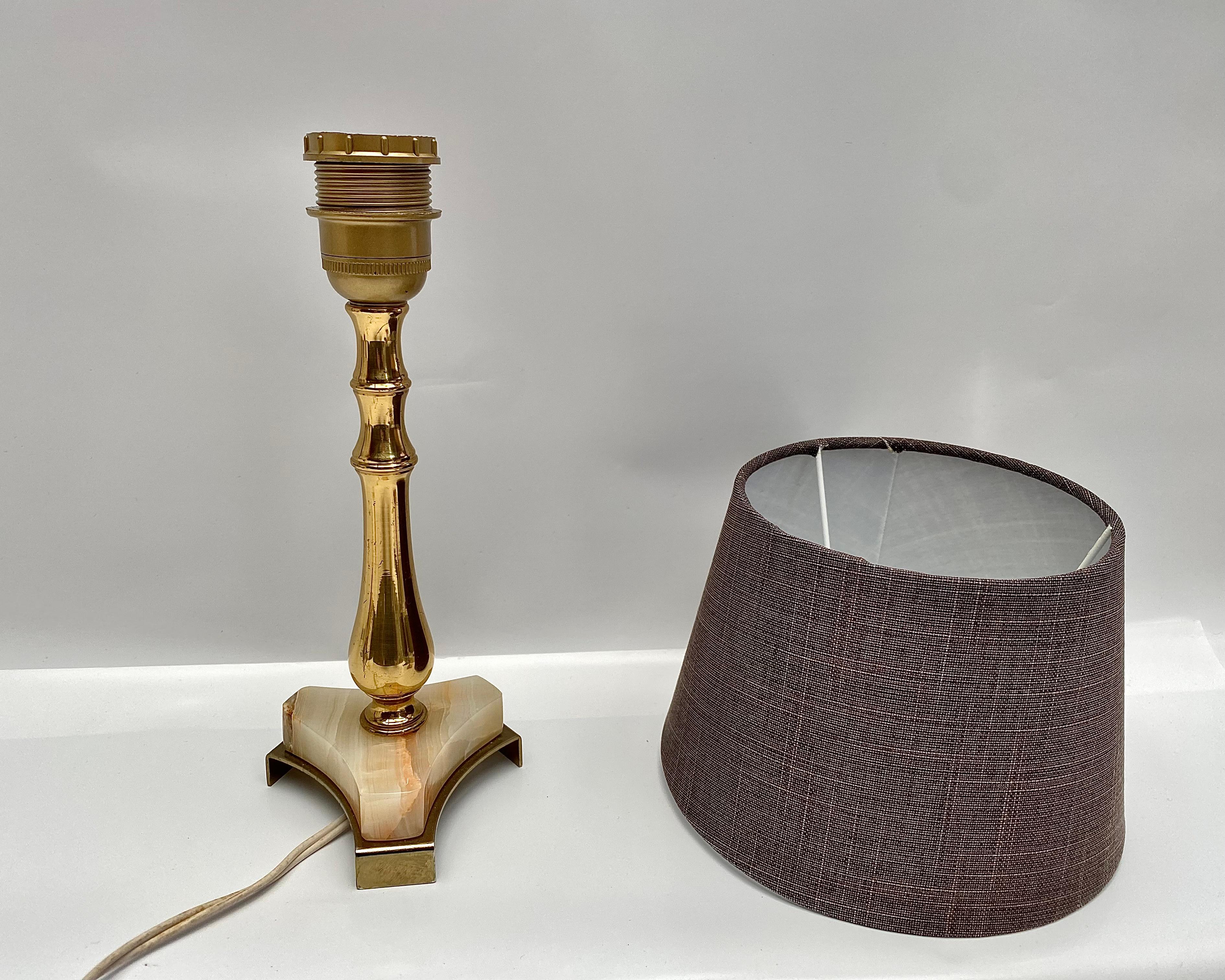 Belgian Vintage Onyx Brass & Gilt Table Lamps New Shades Belgium, 1970s For Sale