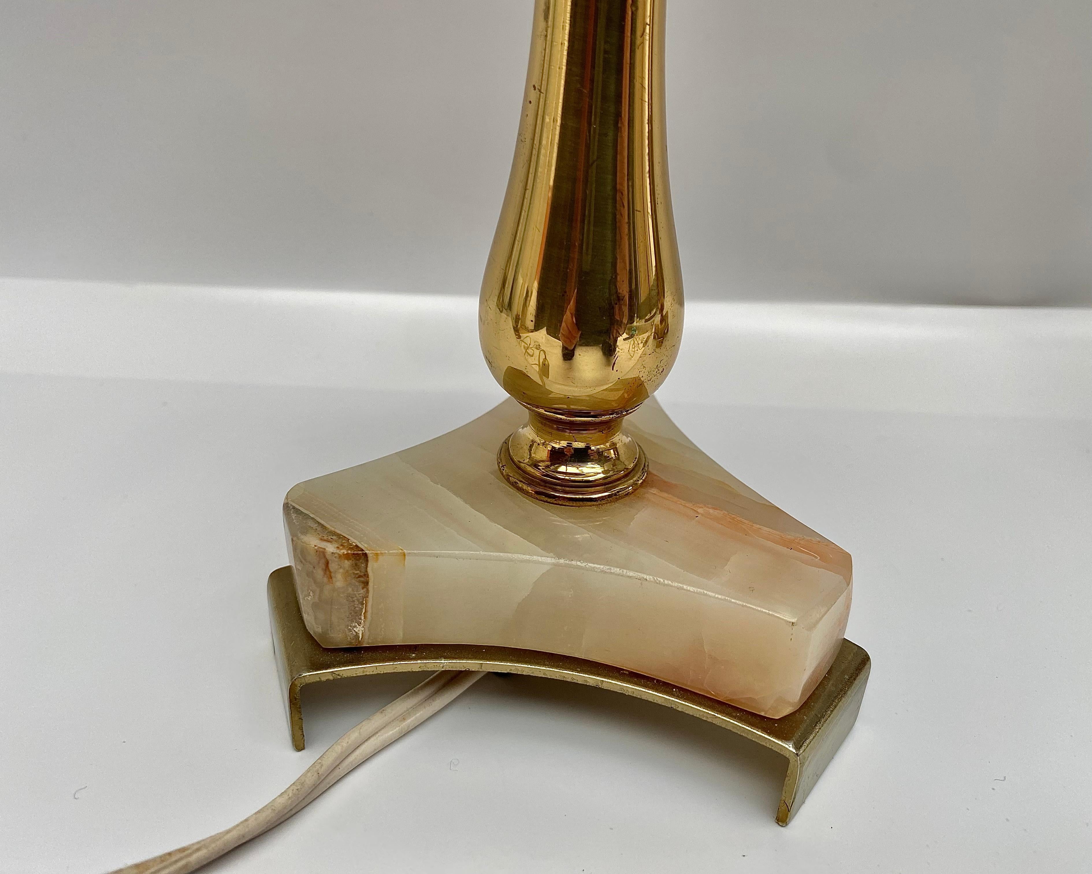 Vintage Onyx Brass & Gilt Table Lamps New Shades Belgium, 1970s In Excellent Condition For Sale In Bastogne, BE