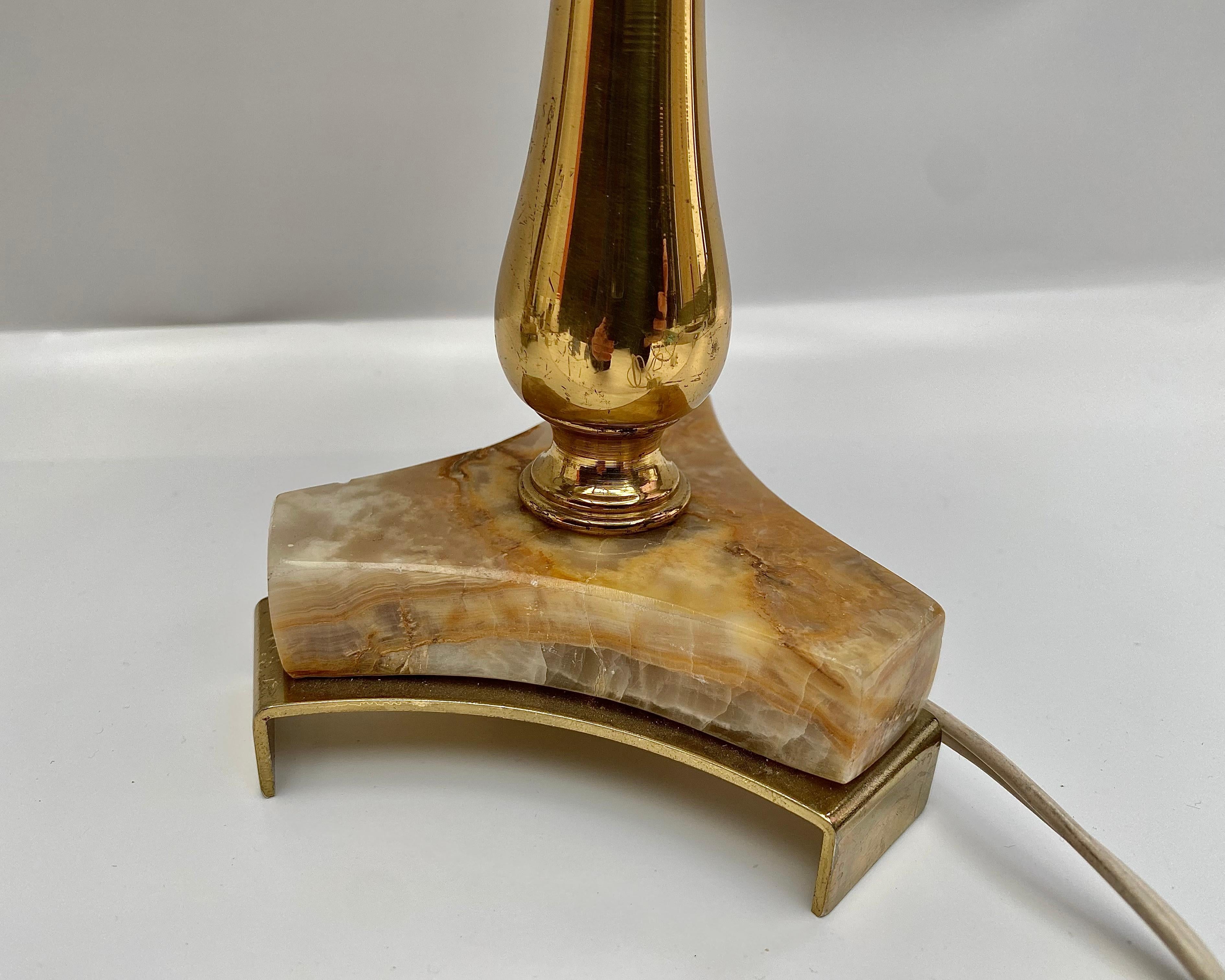 Late 20th Century Vintage Onyx Brass & Gilt Table Lamps New Shades Belgium, 1970s For Sale