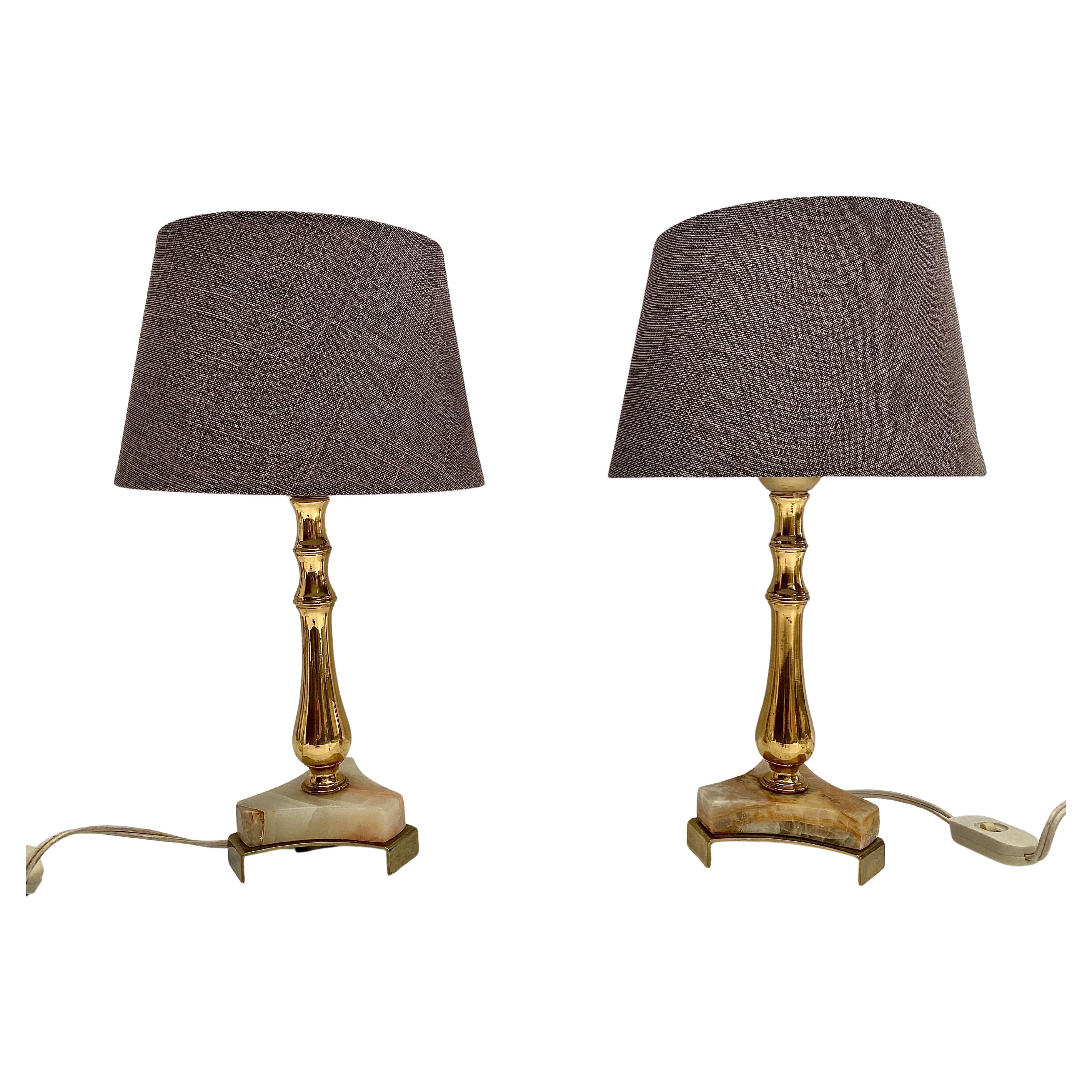Vintage Onyx Brass & Gilt Table Lamps New Shades Belgium, 1970s