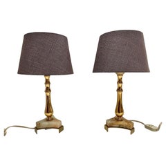 Vintage Onyx Brass & Gilt Table Lamps New Shades Belgium, 1970s