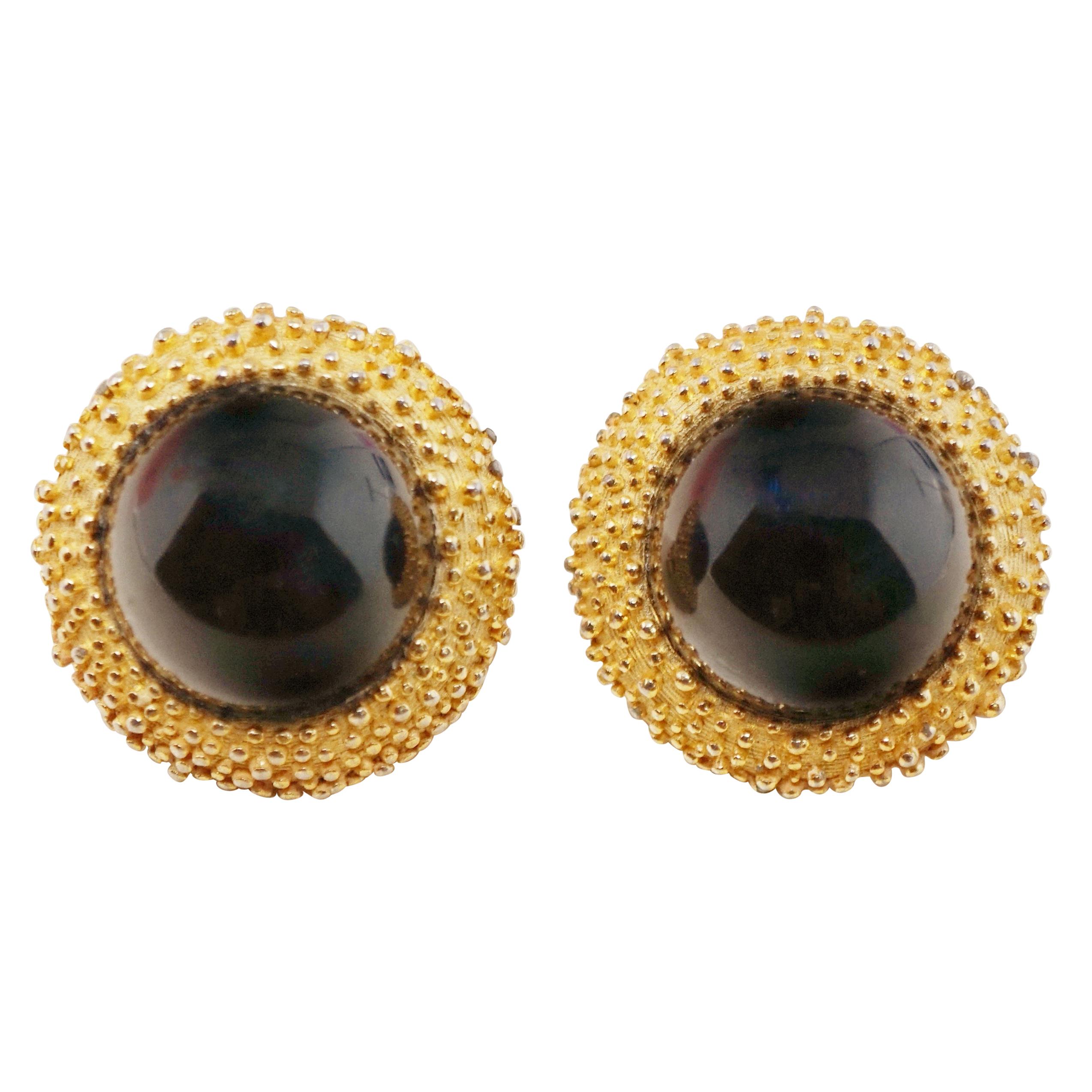 Vintage Onyx Cabochon 
Textured Gilt Button Earrings by Crown Trifari, 1960s