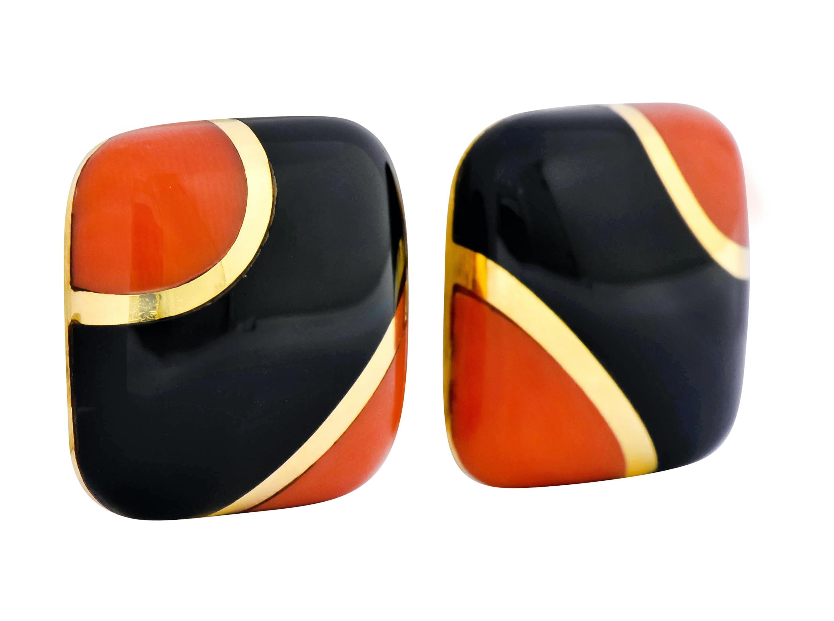 Retro Vintage Onyx Coral 18 Karat Gold Square Cushion Inlay Earrings