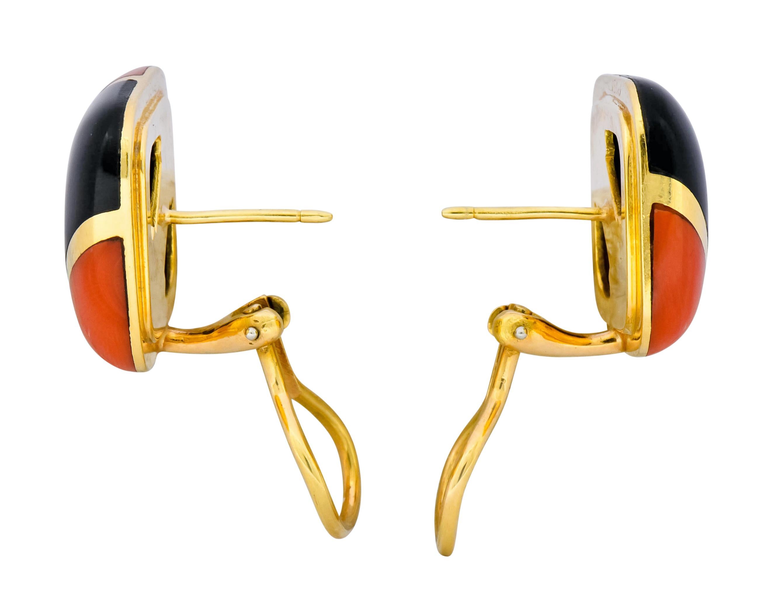 Women's or Men's Vintage Onyx Coral 18 Karat Gold Square Cushion Inlay Earrings