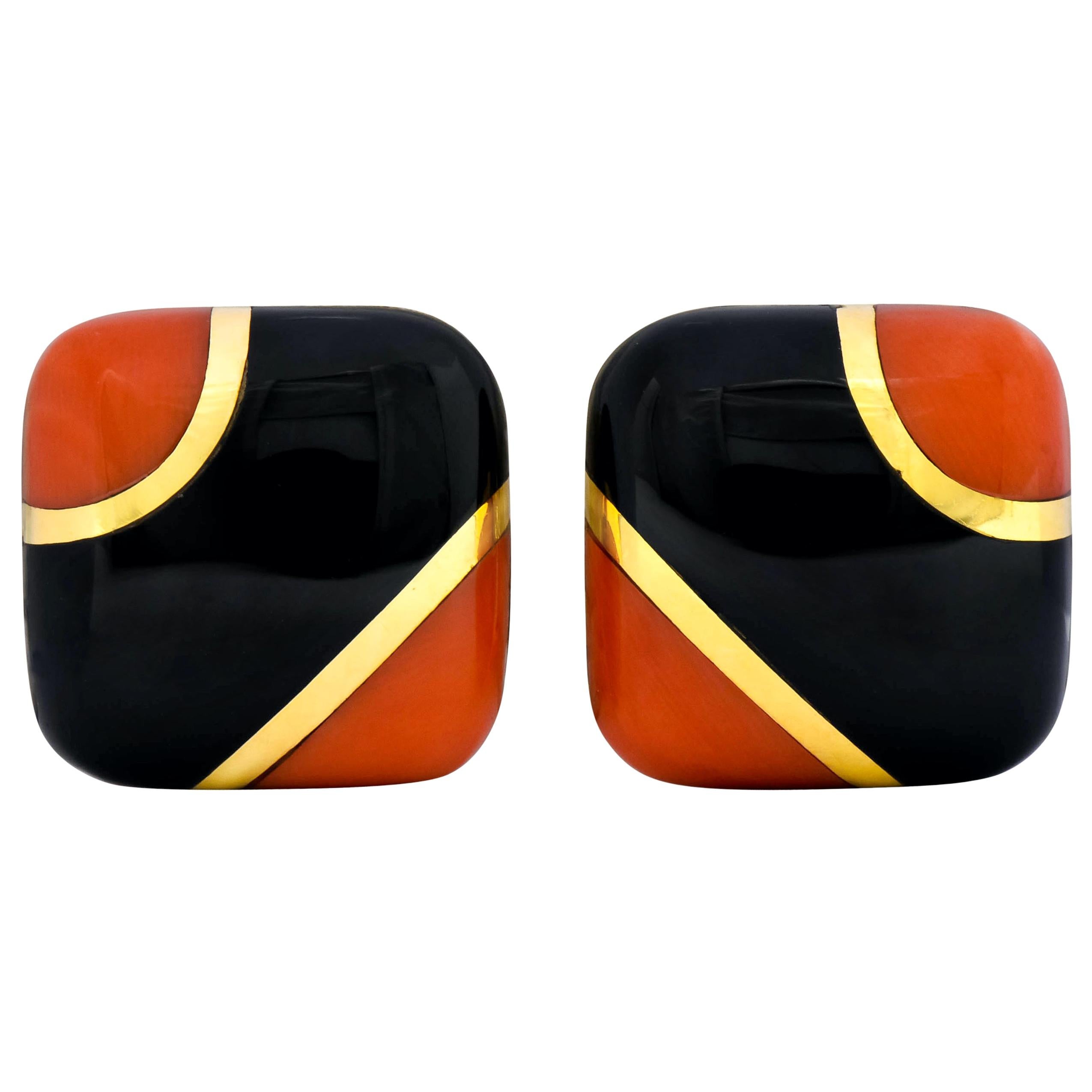 Vintage Onyx Coral 18 Karat Gold Square Cushion Inlay Earrings