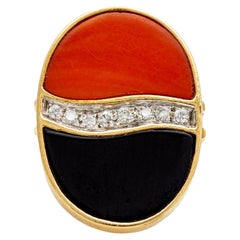 Vintage Onyx, Coral, and Diamond 14k Yellow Gold Cocktail Ring