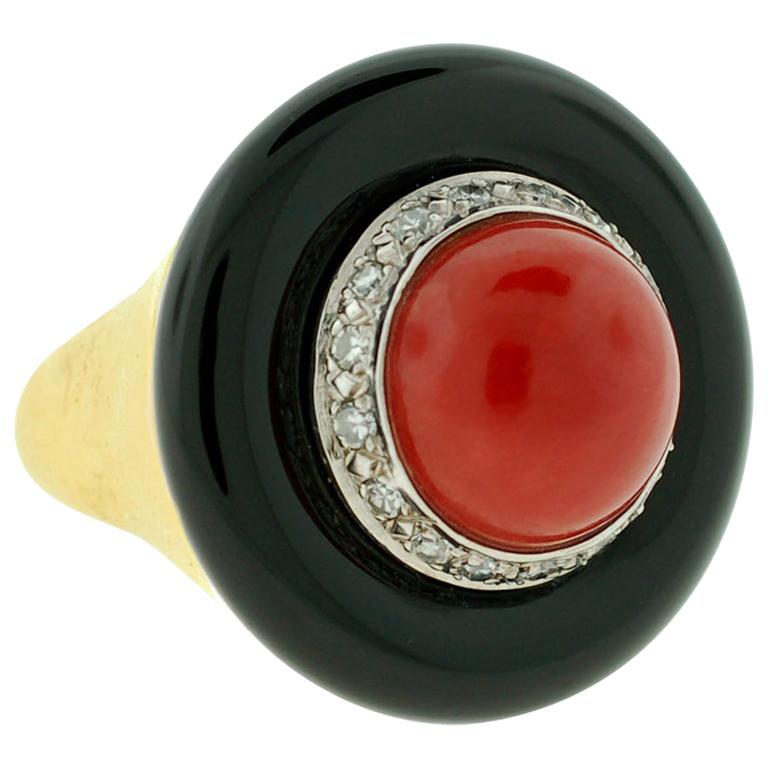 Vintage Onyx, Coral and Diamond Domed Ring