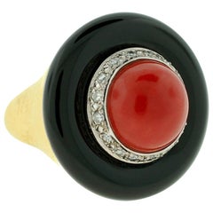 Vintage Onyx, Coral and Diamond Domed Ring