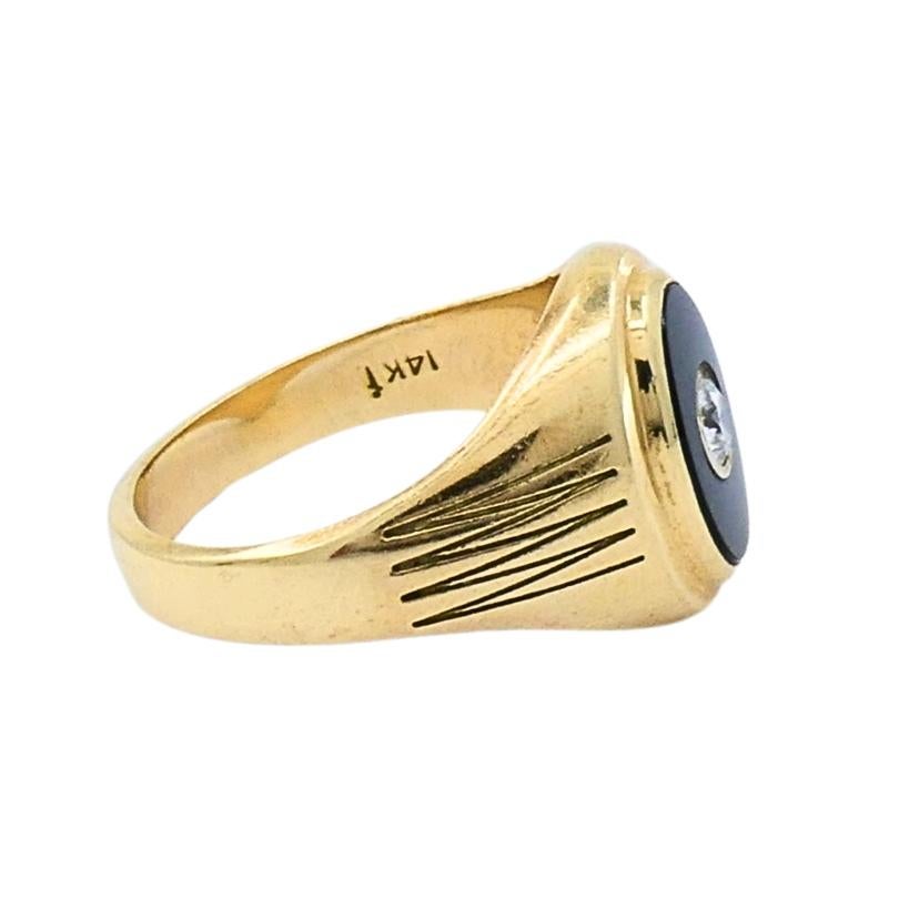 Women's or Men's Vintage Onyx Diamond 14k Gold Signet Ring For Sale
