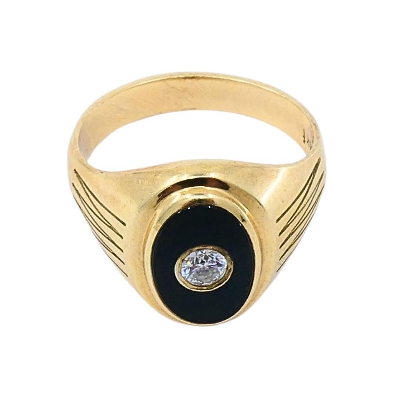 Vintage Onyx Diamond 14k Gold Signet Ring For Sale 1