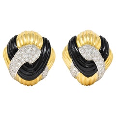 Vintage Onyx Diamond 18 Karat Two-Tone Gold Ear-Clip Earrings