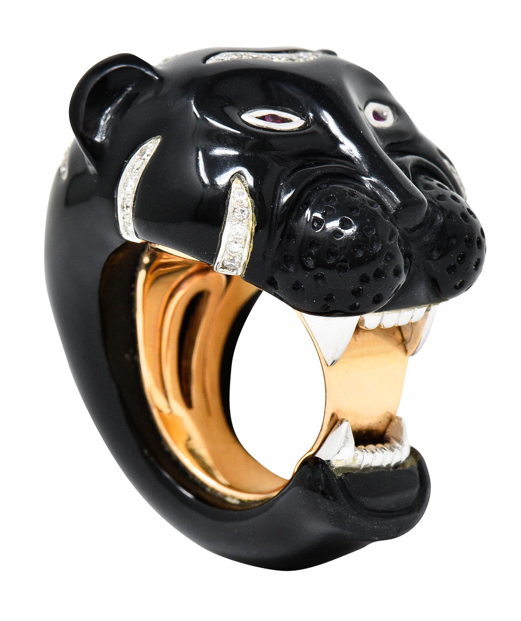 Women's or Men's Vintage Onyx Diamond 18 Karat Two-Tone Gold Tiger Ring