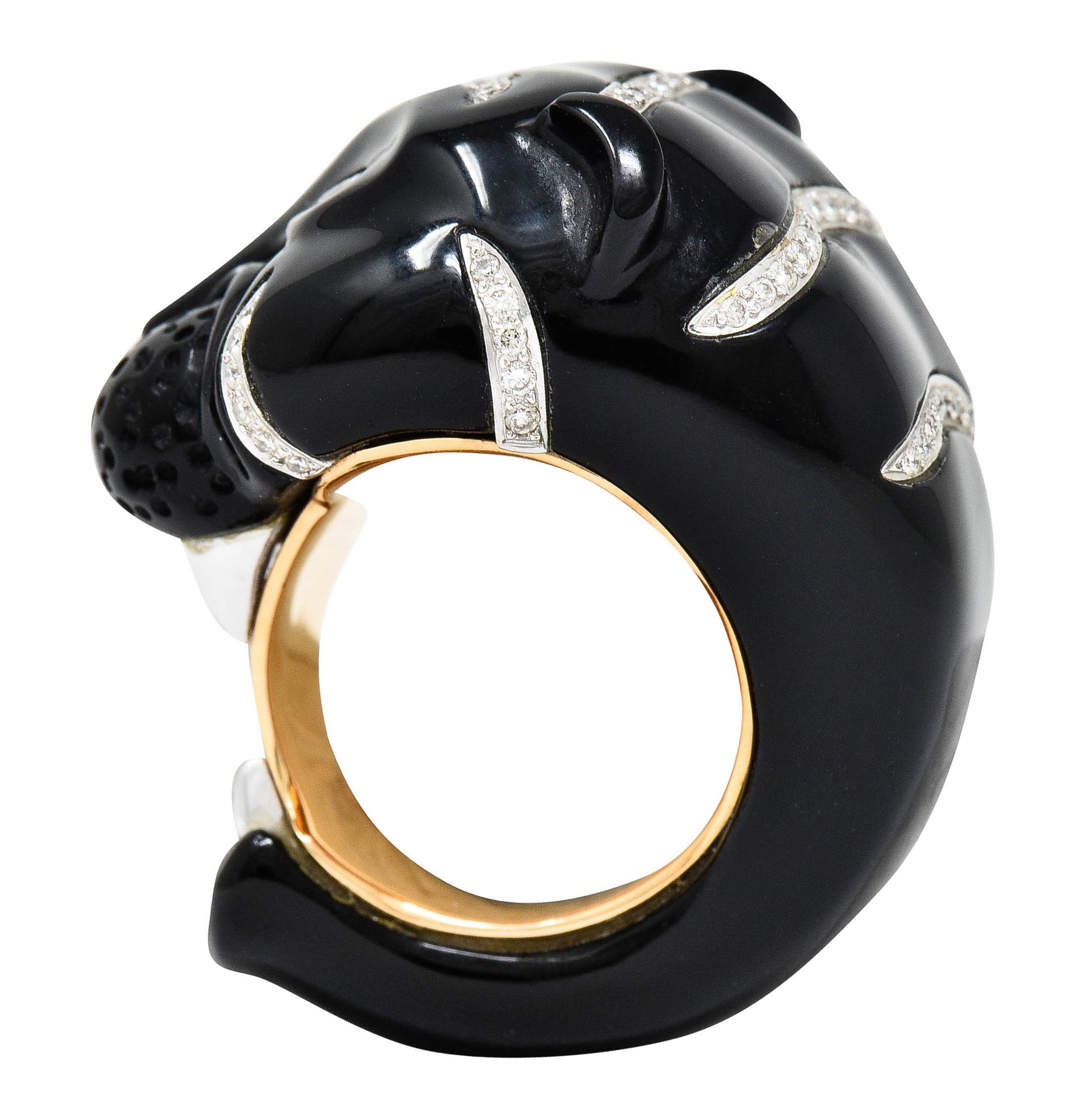 Vintage Onyx Diamond 18 Karat Two-Tone Gold Tiger Ring 1