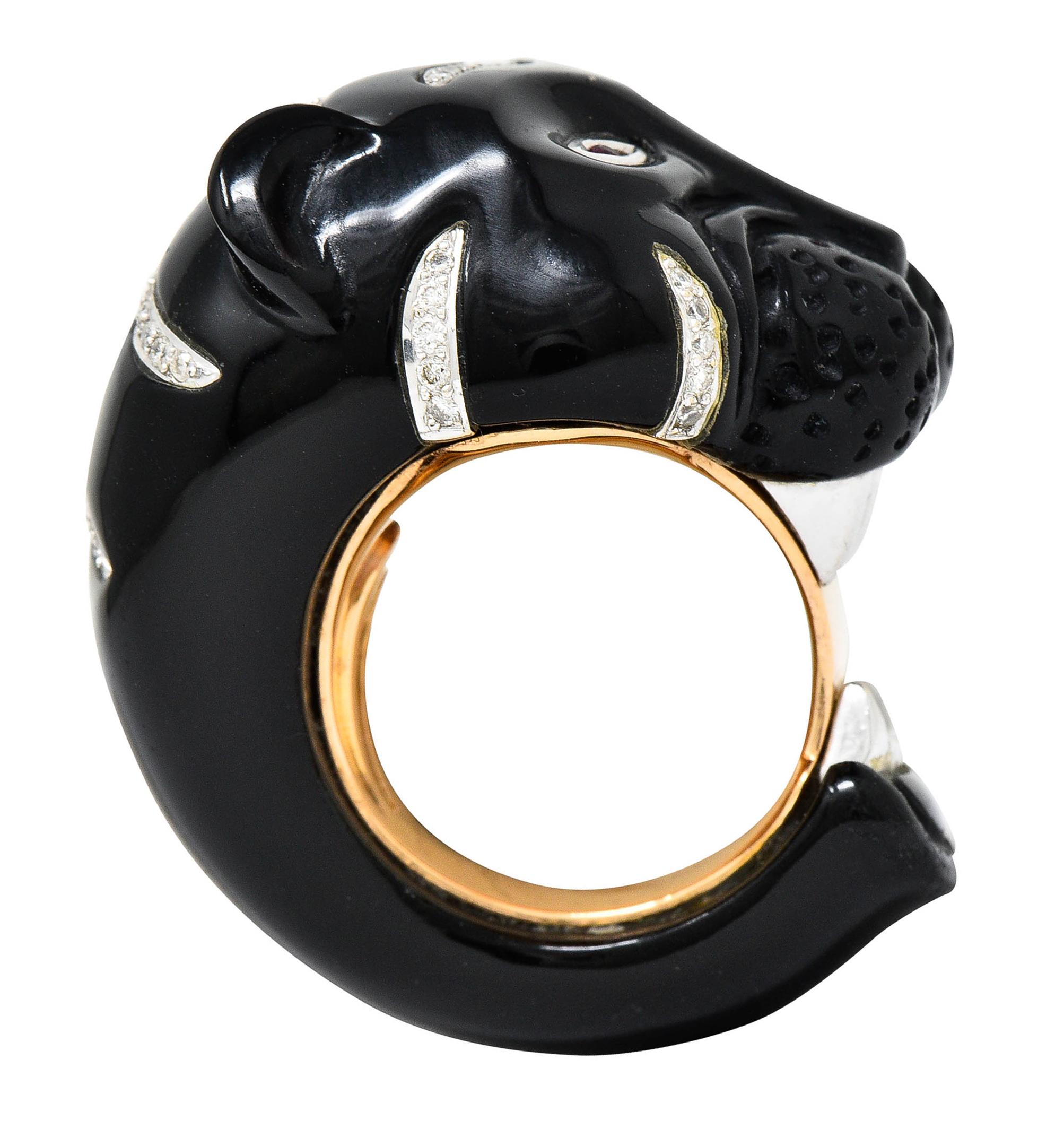 Vintage Onyx Diamond 18 Karat Two-Tone Gold Tiger Ring 3