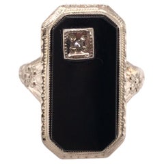 Vintage Onyx Diamond Cocktail Ring 14K White Gold Antique Deco Flowers
