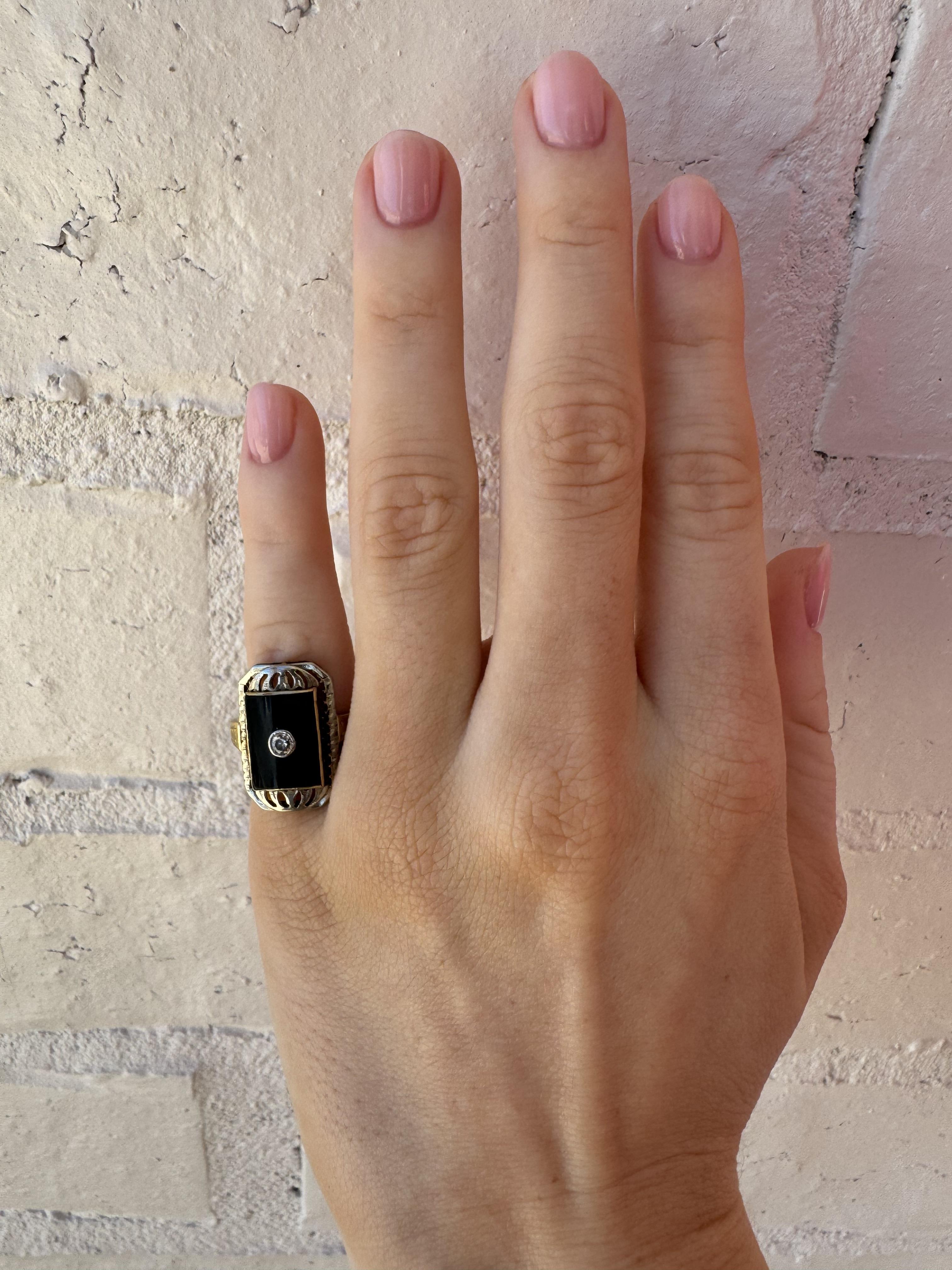 Art Deco Vintage Onyx & Diamond Two Toned Gold Cocktail Ring For Sale