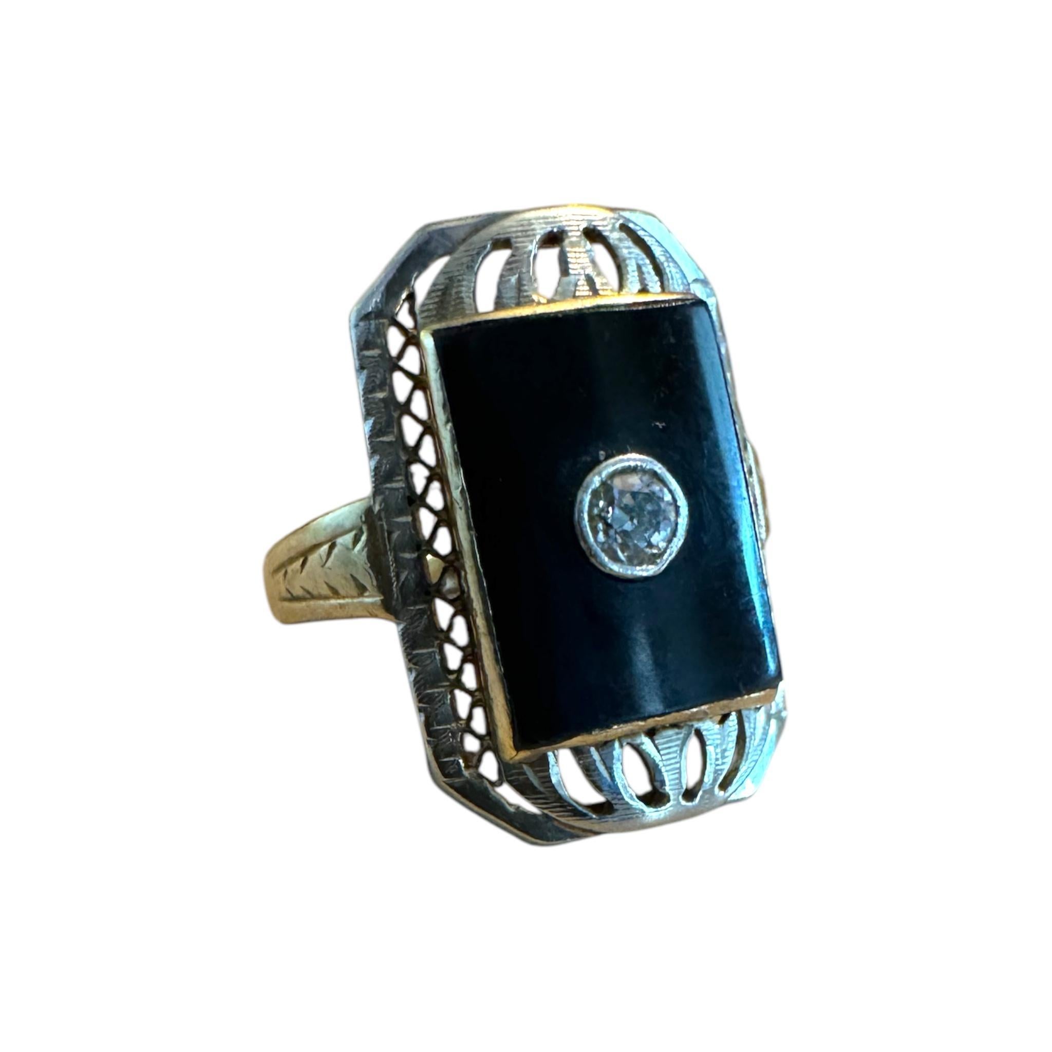 Women's Vintage Onyx & Diamond Two Toned Gold Cocktail Ring For Sale