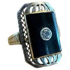 Vintage Onyx & Diamond Two Toned Gold Cocktail Ring