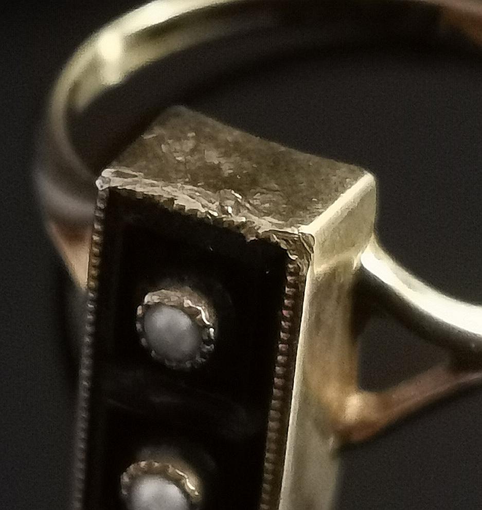 Vintage Onyx Domino Ring, 14k Yellow Gold, Seed Pearl 4