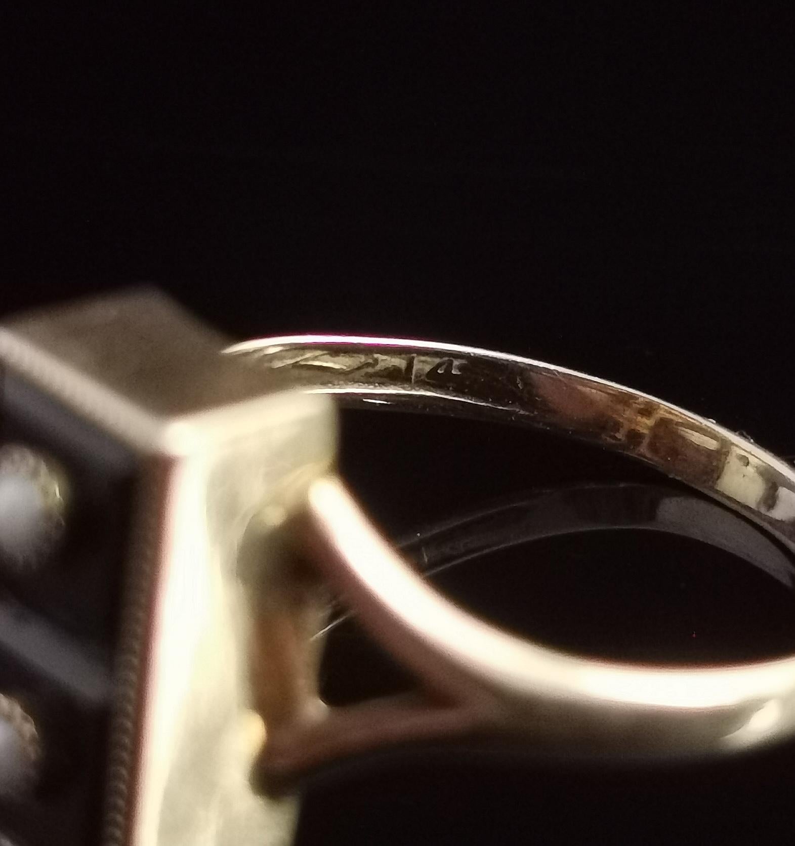 Vintage Onyx Domino Ring, 14k Yellow Gold, Seed Pearl 5