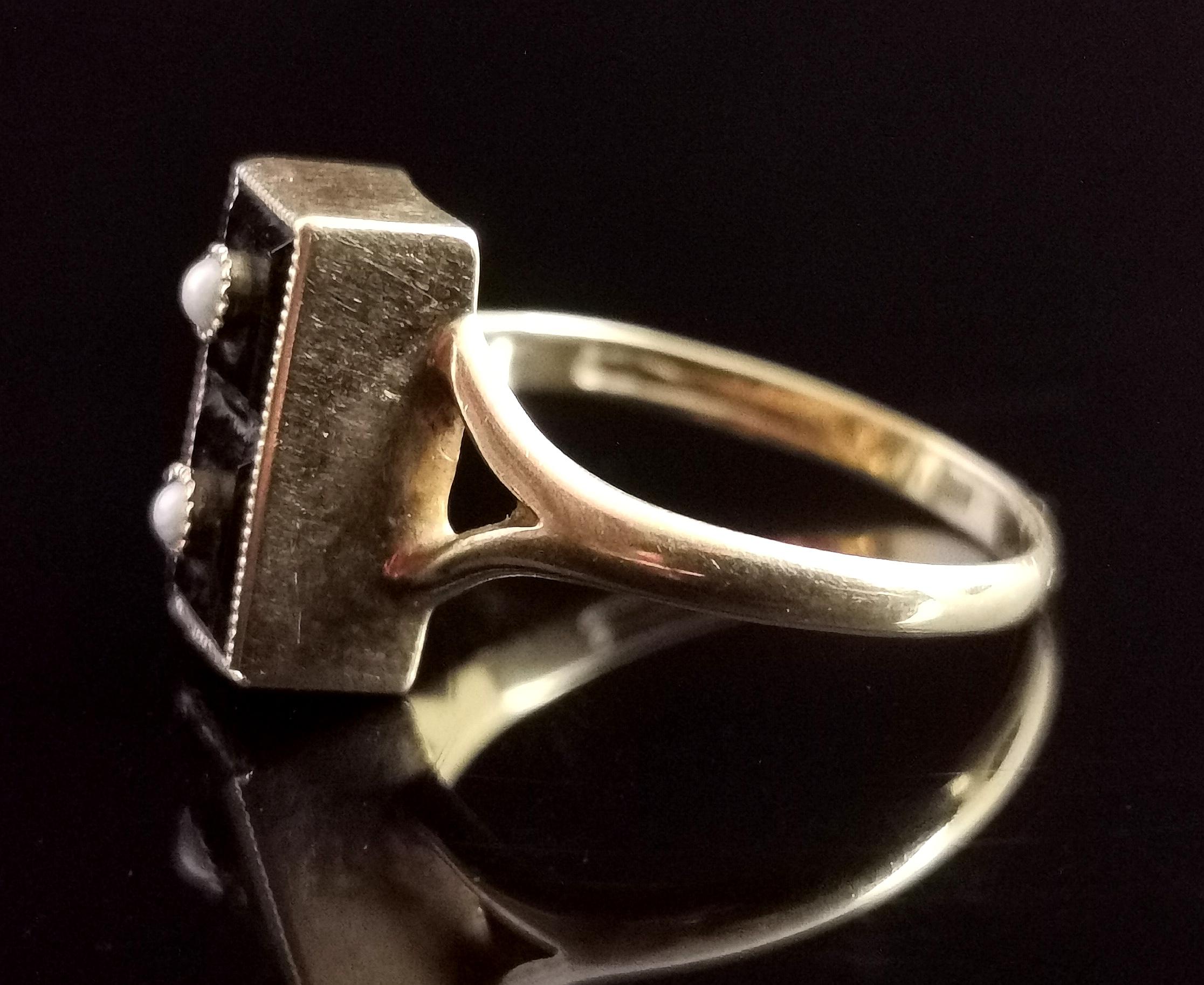 Vintage Onyx Domino Ring, 14k Yellow Gold, Seed Pearl 6