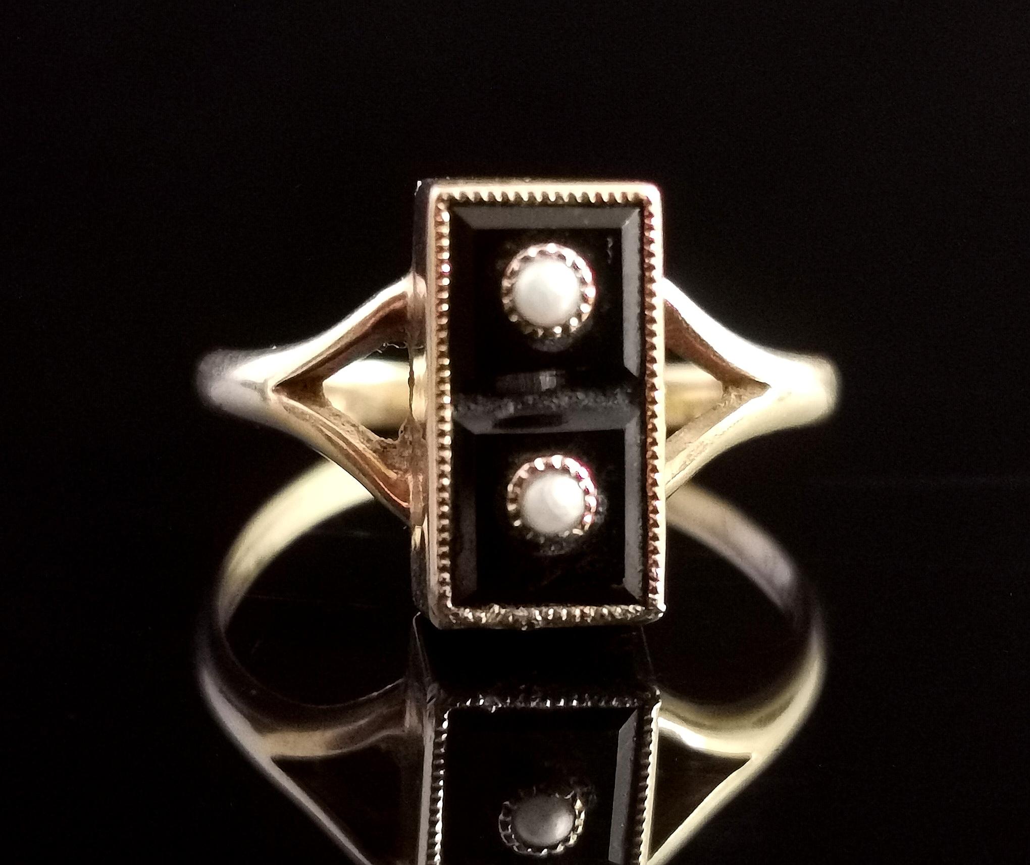 Vintage Onyx Domino Ring, 14k Yellow Gold, Seed Pearl 8
