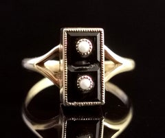 Vintage Onyx Domino Ring, 14k Yellow Gold, Seed Pearl