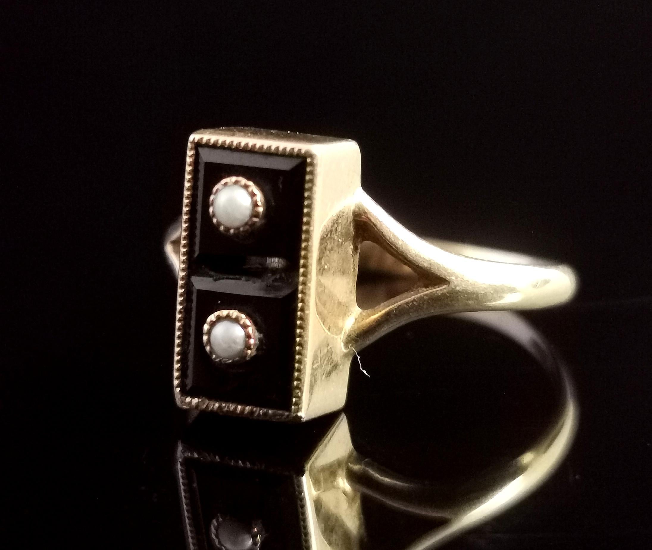 Modern Vintage Onyx Domino Ring, 14k Yellow Gold, Seed Pearl
