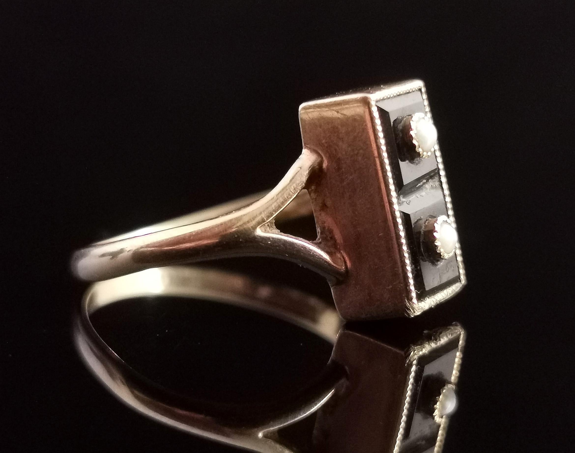 Mixed Cut Vintage Onyx Domino Ring, 14k Yellow Gold, Seed Pearl