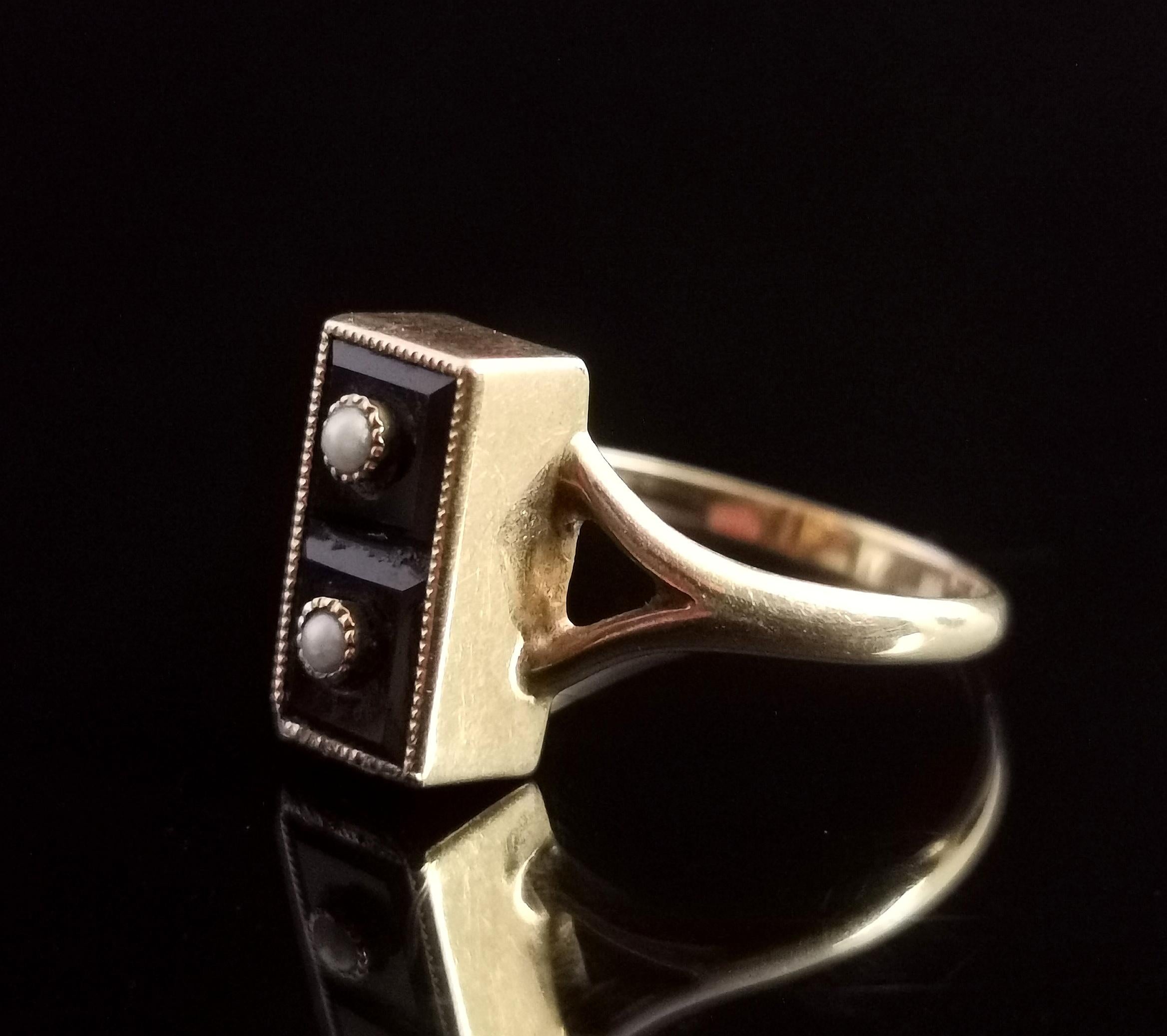 Women's Vintage Onyx Domino Ring, 14k Yellow Gold, Seed Pearl