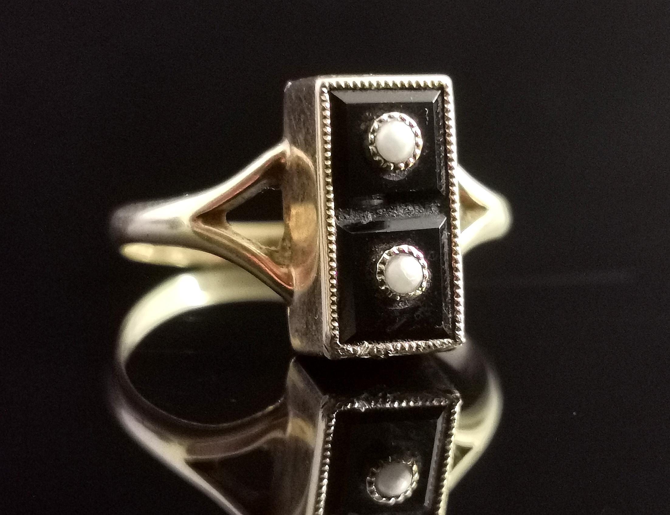 Vintage Onyx Domino Ring, 14k Yellow Gold, Seed Pearl 1