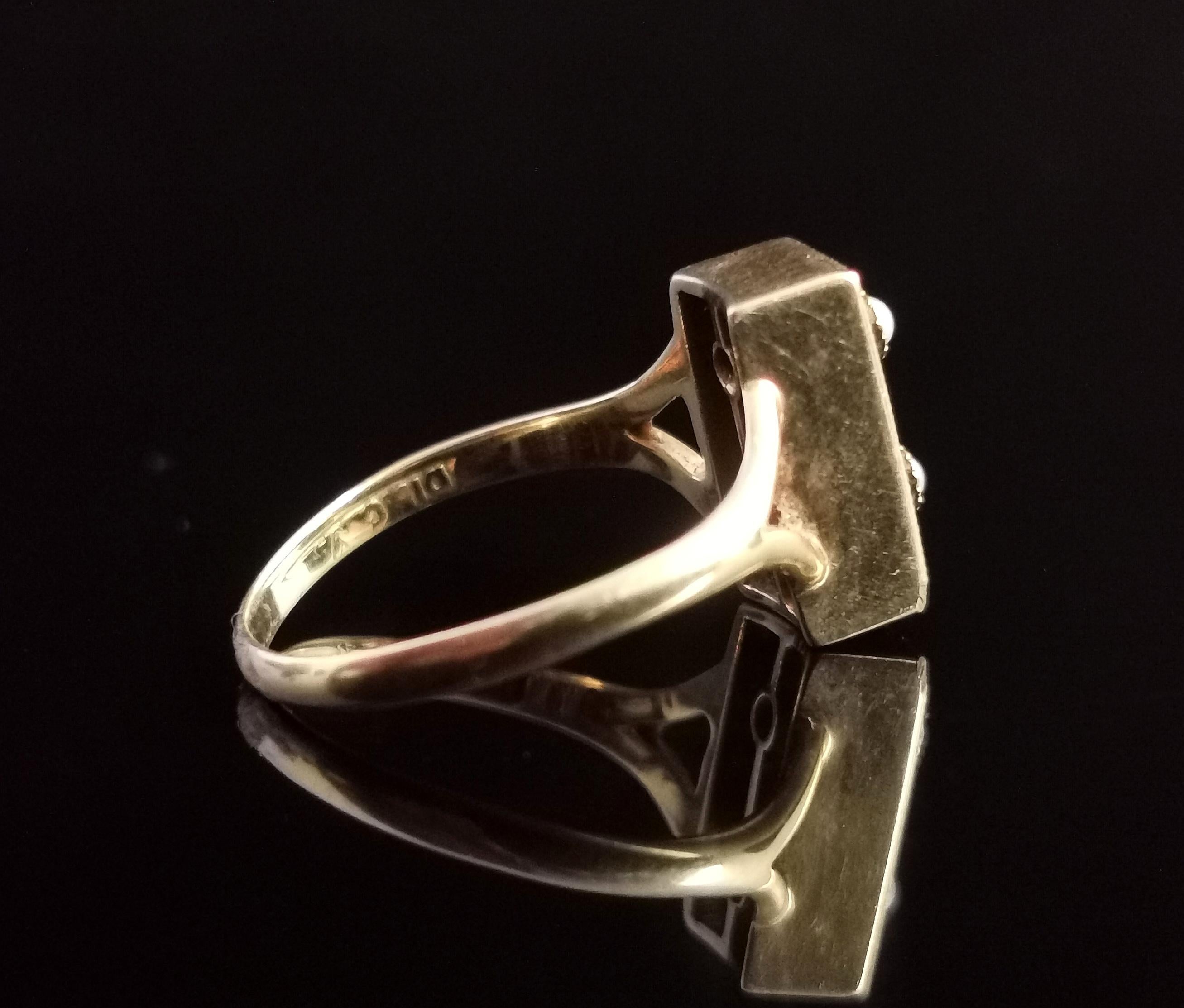 Vintage Onyx Domino Ring, 14k Yellow Gold, Seed Pearl 2