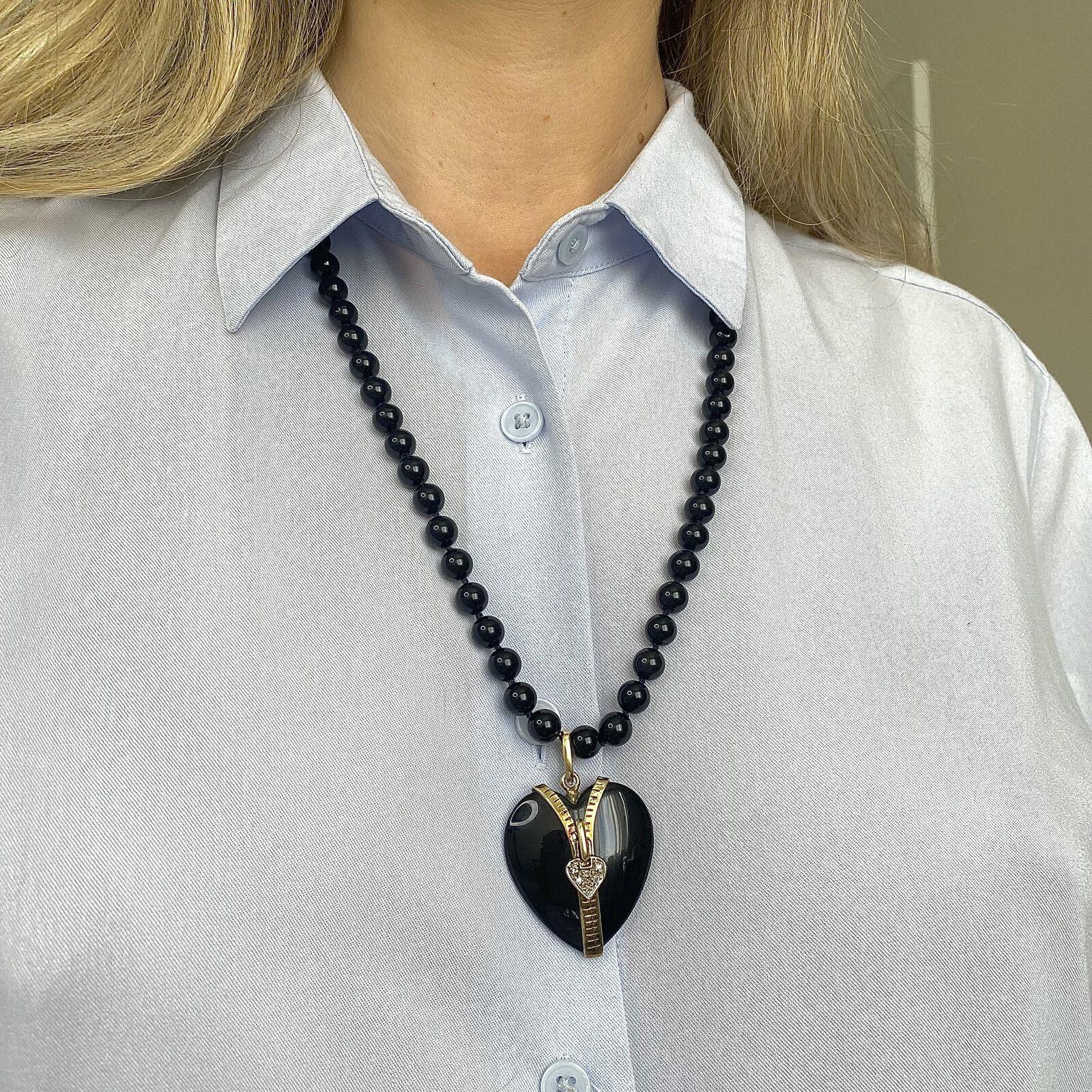 Women's or Men's Vintage Onyx Heart Necklace 14K Yellow Gold With Diamonds 53.76G For Sale