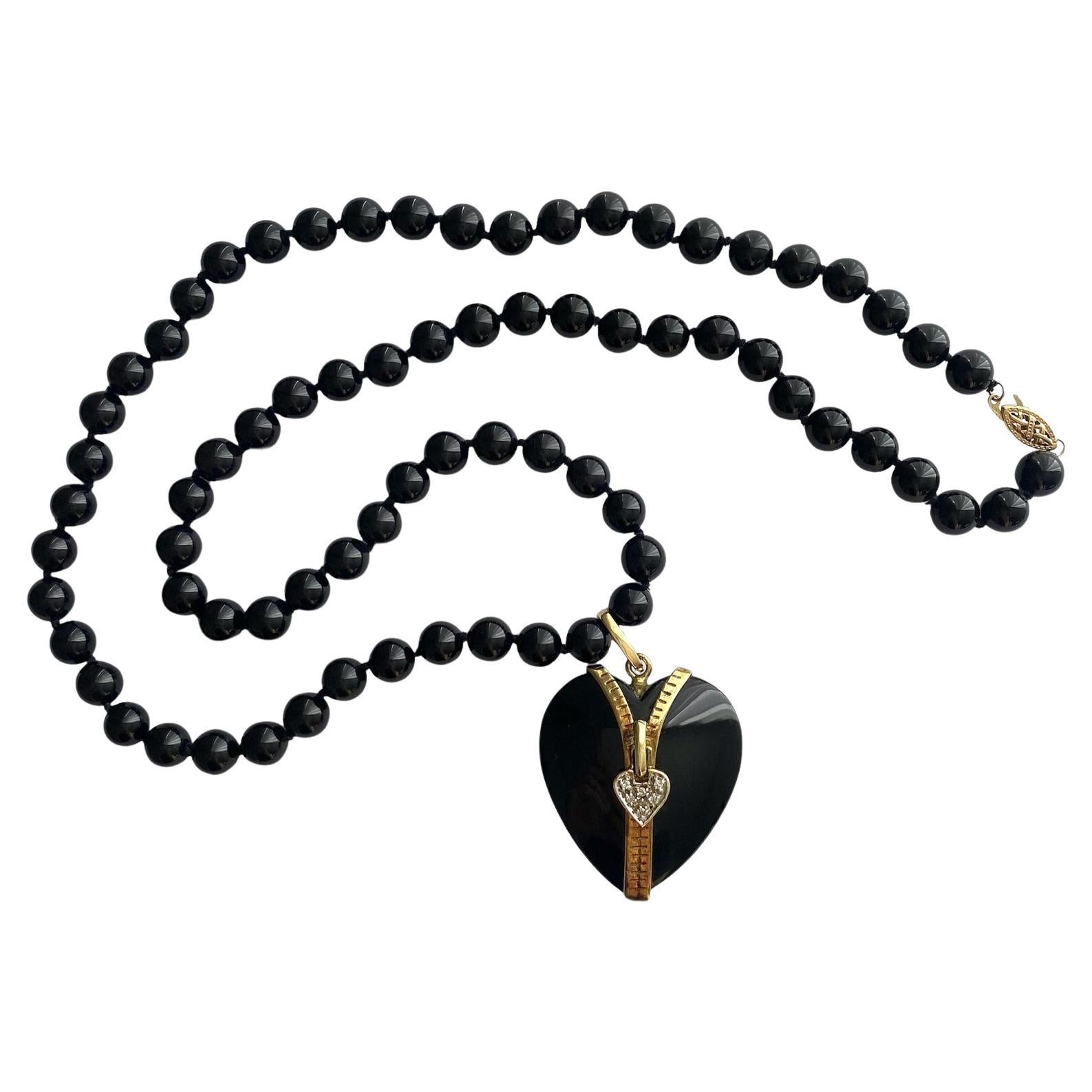Vintage Onyx Heart Necklace 14K Yellow Gold With Diamonds 53.76G For Sale