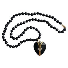 Vintage Onyx Heart Necklace 14K Yellow Gold With Diamonds 53.76G