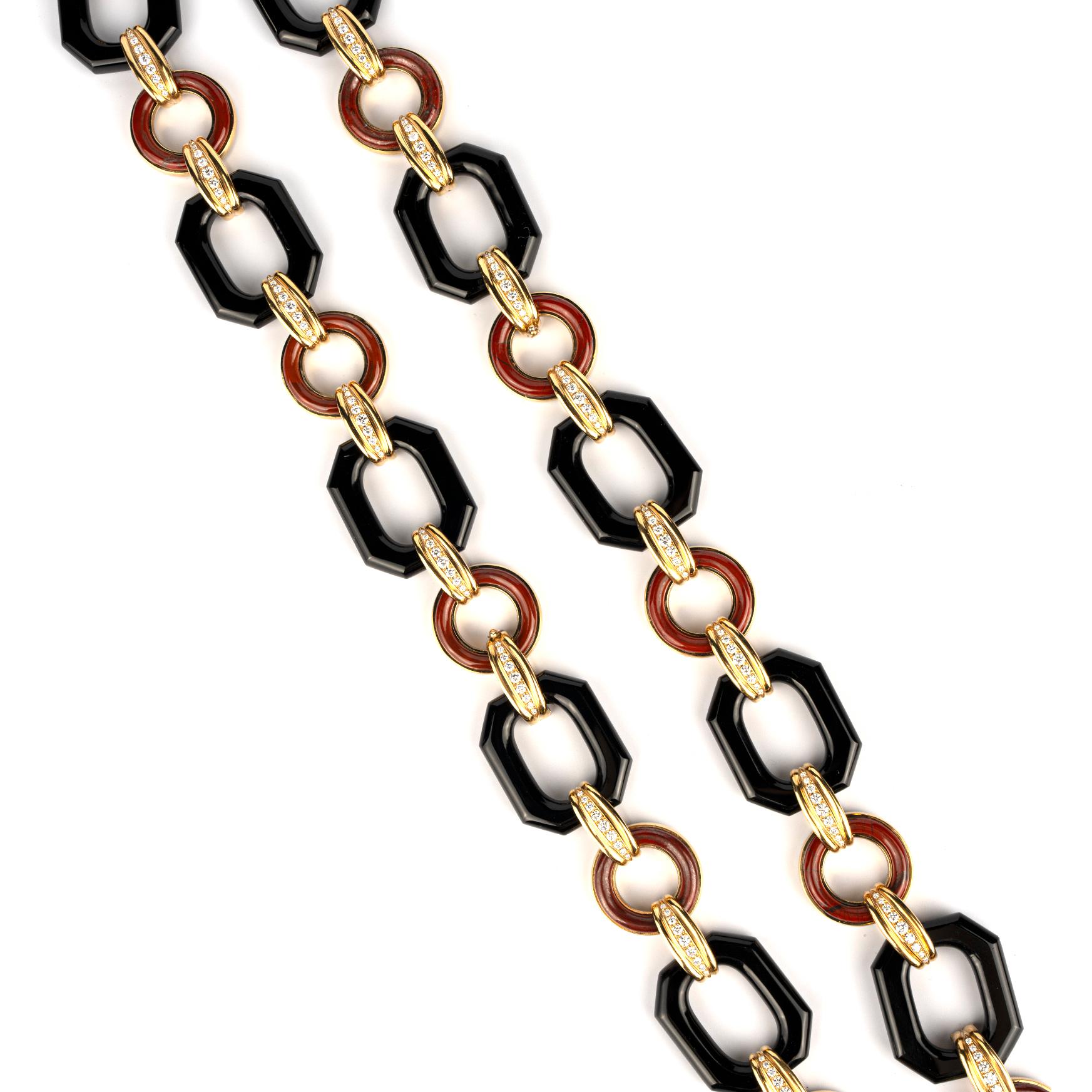 Mixed Cut Vintage Onyx, Jasper and Diamond 18k Gold Geometrical Link Necklace  For Sale