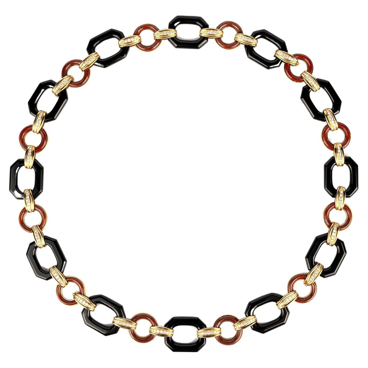 Vintage Onyx, Jasper and Diamond 18k Gold Geometrical Link Necklace  For Sale