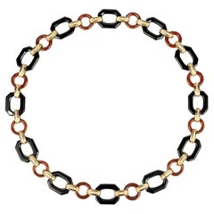 Vintage Onyx, Jasper and Diamond 18k Gold Geometrical Link Necklace 