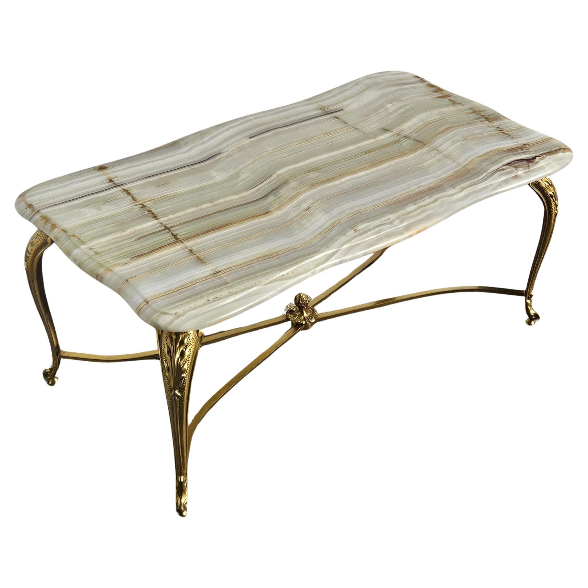 Français Vintage Onyx Marble and Brass Cocktail Table-Lounge Table Regency Style-70s en vente