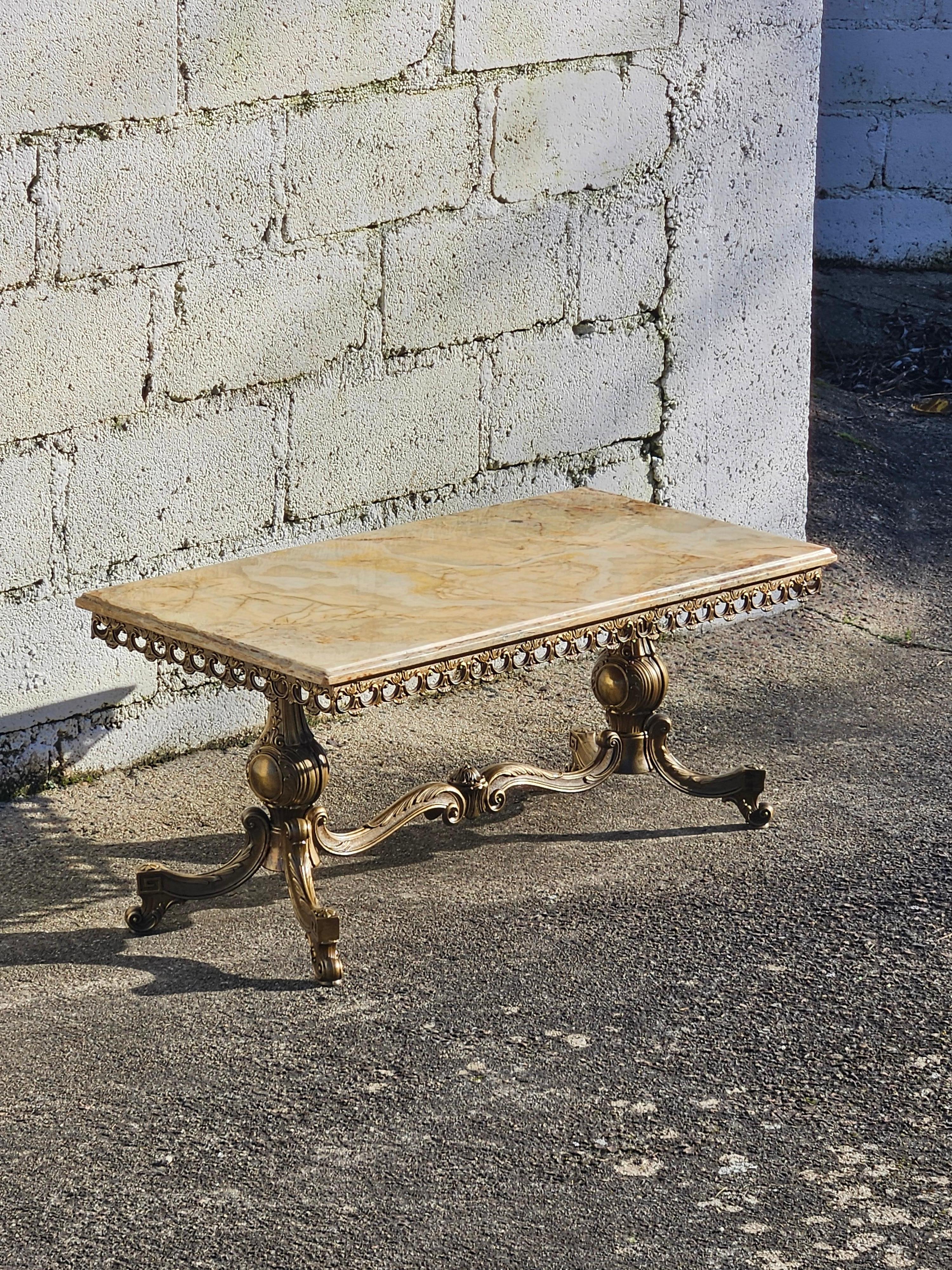 Vintage Onyx Marble and Brass Coffee Table-Cocktail Table-Rococo Style 60s 10