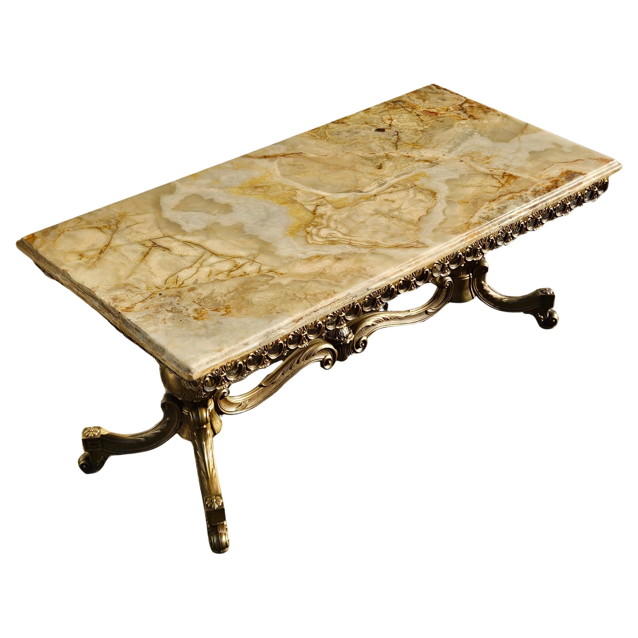 French Vintage big Marble Brass Coffee Table-Vintage Lounge Table Rococo Style from the 60s
Elegant Tabletop Shape - splendid Colors - Marble Top in beautiful mix of jade,mother of pearl,brown ,orange with natural Pattern and decorative Edge all