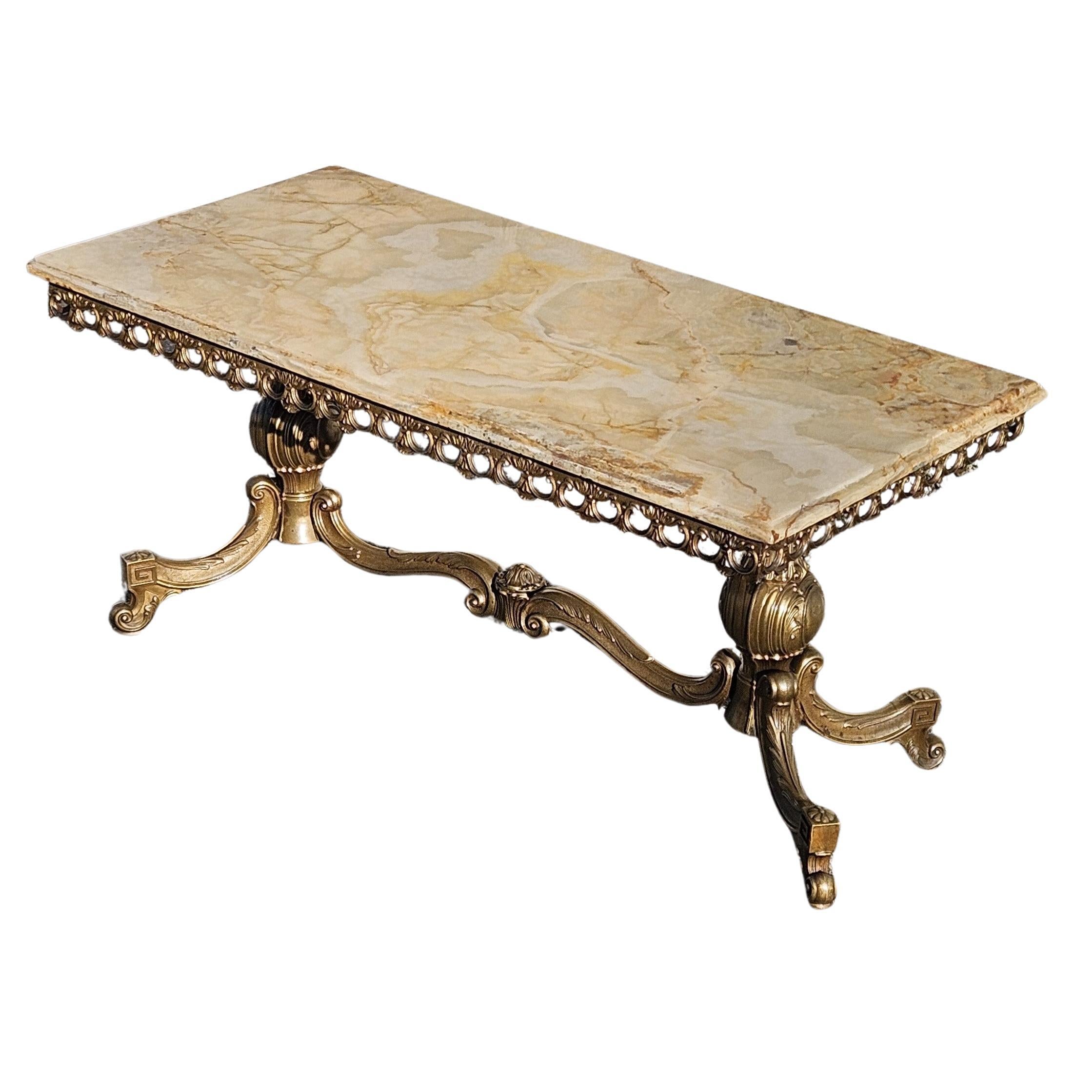 Baroque Vintage Onyx Marble and Brass Coffee Table-Cocktail Table-Rococo Style 60s