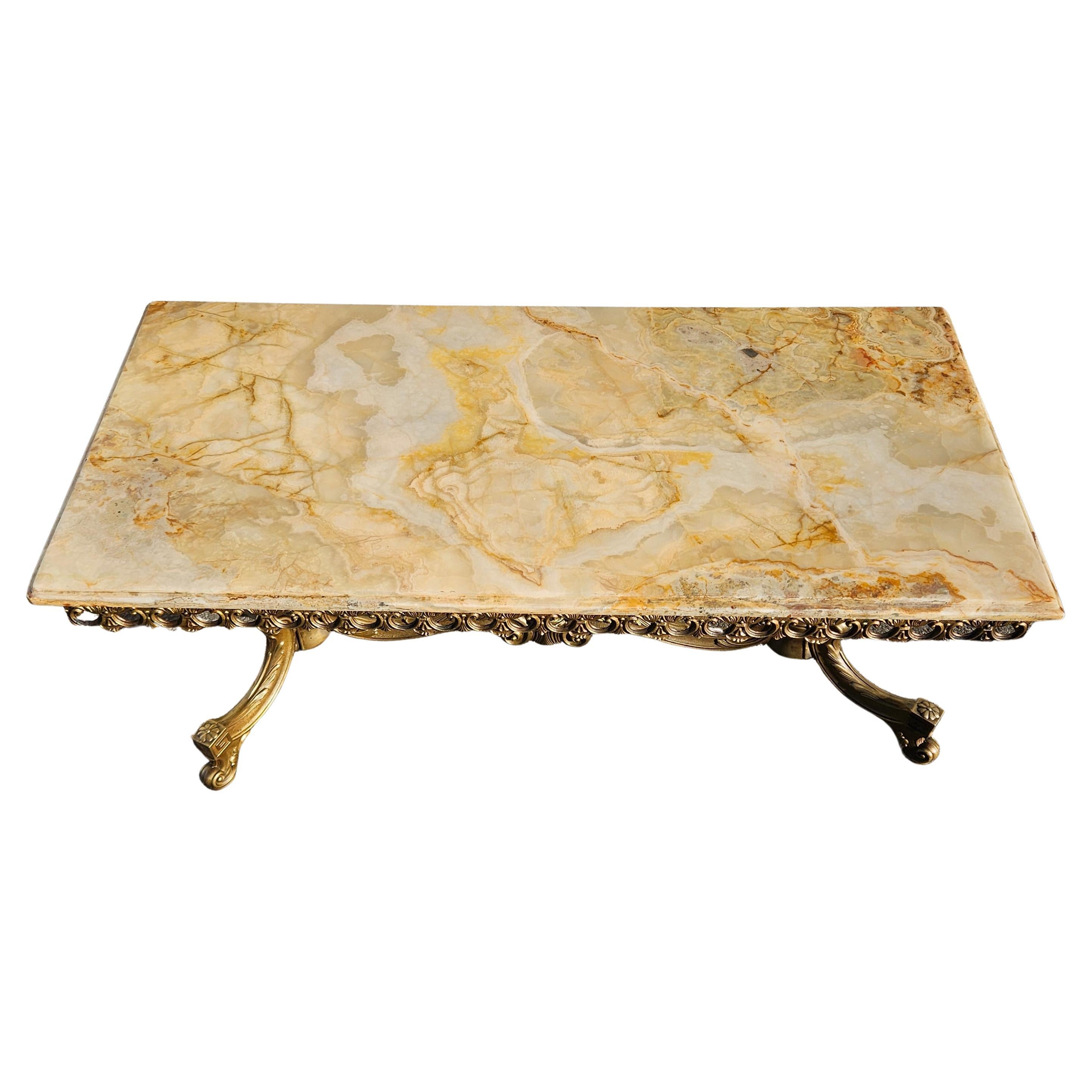 French Vintage Onyx Marble and Brass Coffee Table-Cocktail Table-Rococo Style 60s